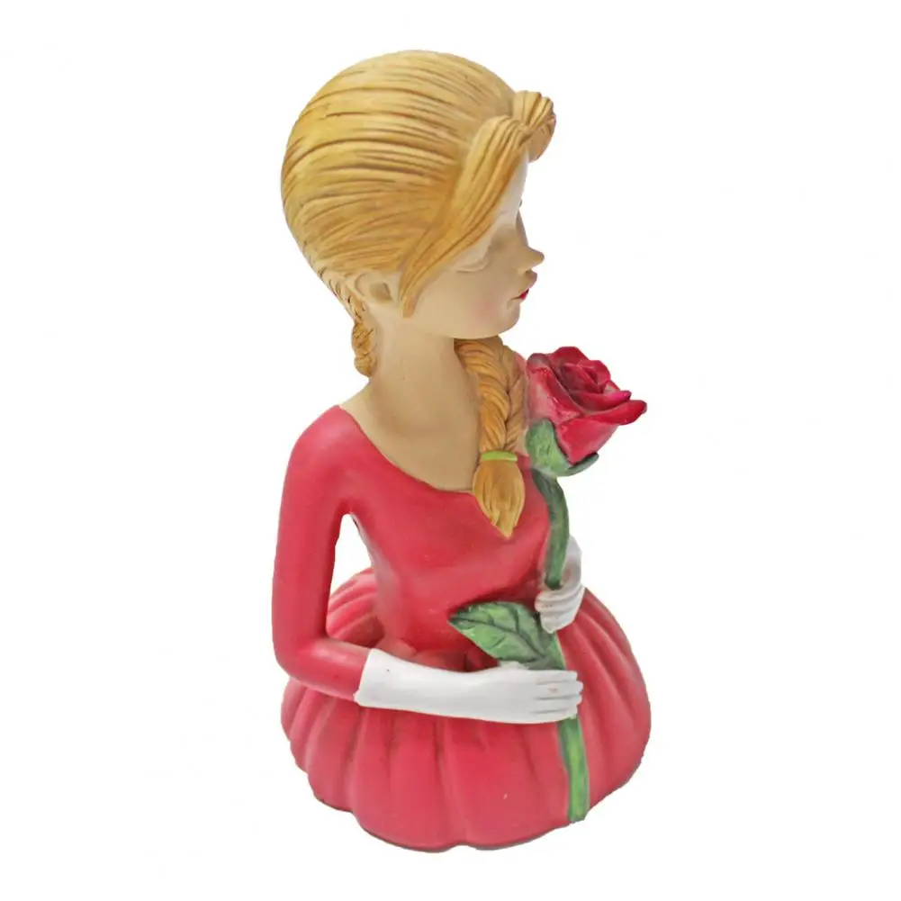 Realistic Style Resin Ornament Handcrafted Resin Girl Figurine with Roses Decorative Flower Statue for Home Office Desk Elegant