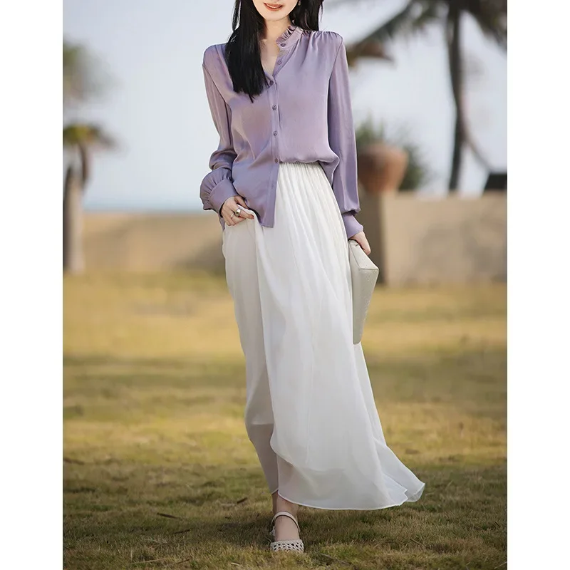 

Романтичная нежная фиолетовая шелковая рубашка женская, весна 2025, новый дизайн, нишевая модель, из плотного тутового шелка, с длинными рукавами