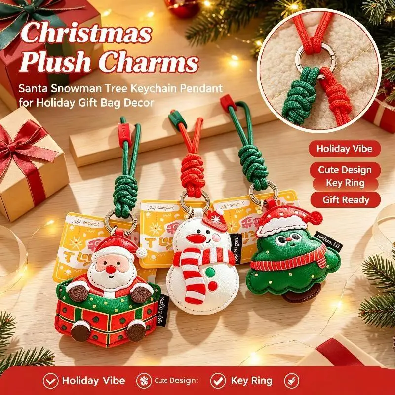 (Ce14)Cute Christmas Themed PU Keychains Cartoon Designs Sturdy Lanyard Perfect For Holiday Gifting Bag Decor Daily Use