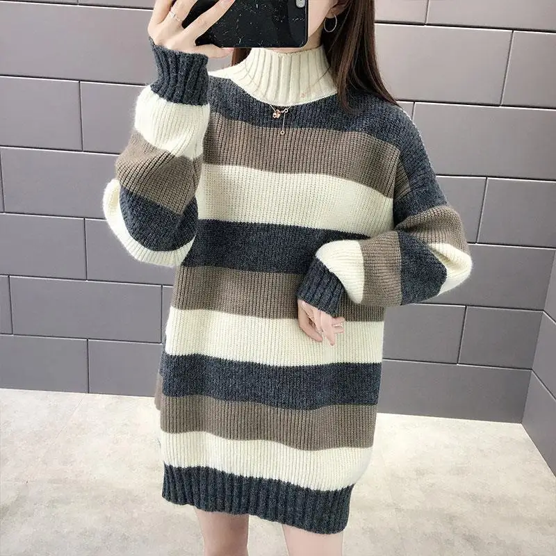 

Winter Outerwear for Women Comfortable Casual Fashion Color Block Knitwear High Collar Thickened Loose Style Striped Sweater