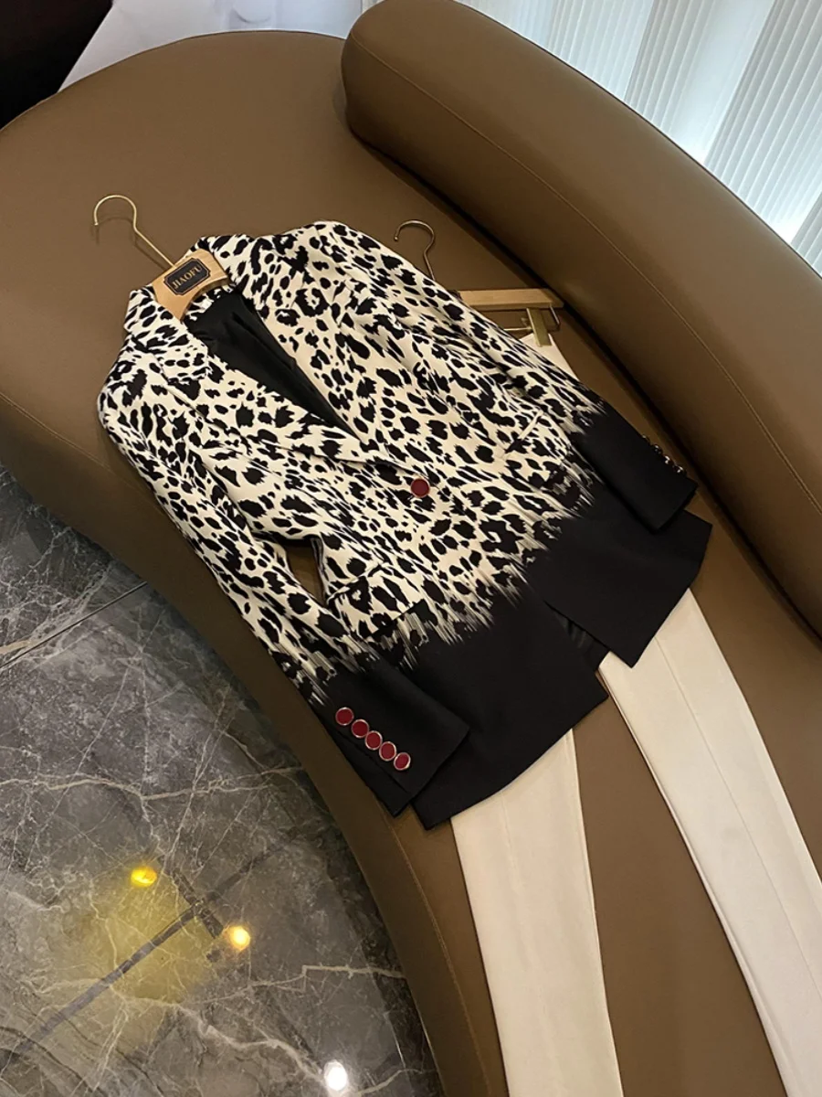 

adual Leopard Print Sexy V-ne Suit Jaet Women's Faionable New Sle Coat Briti Sle Slim Fit Long Sve Coat