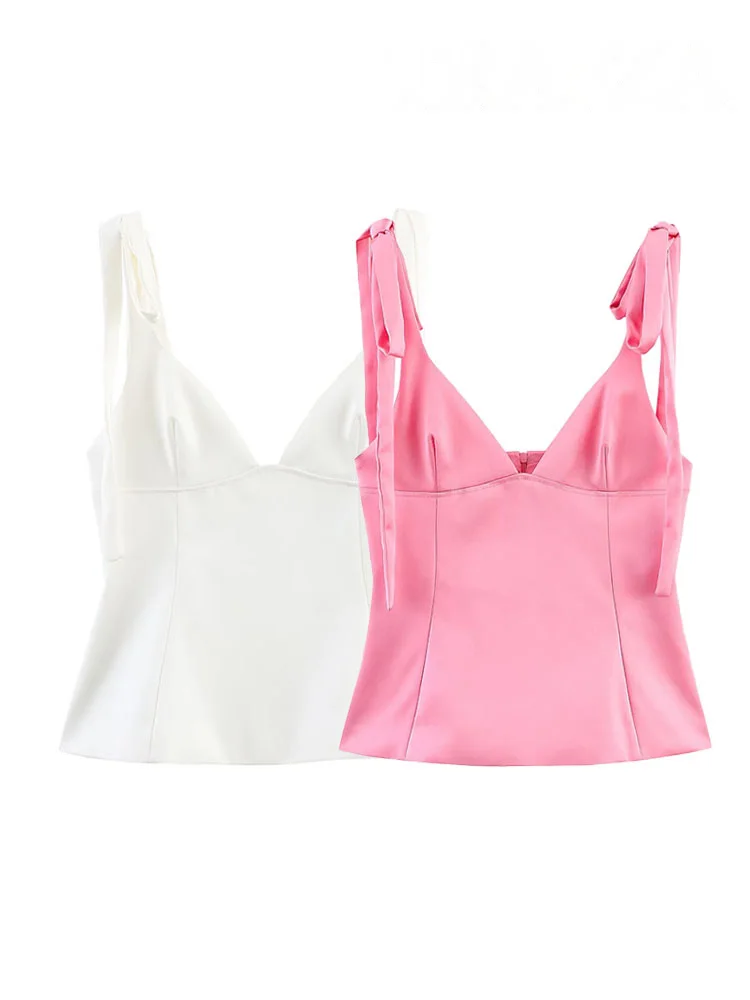 HH Female Fashion Top Solid V-Neck Sleeveless Backless Bow Lace-Up Decorate Zipper Women Summer Sexy Slim Tops 2 Color +