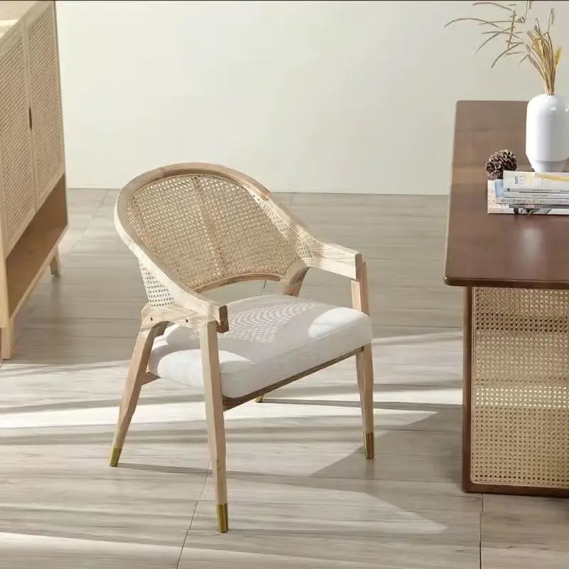 Nordic simple retro solid wood rattan dining chair backrest leisure chair model room reception restaurant dining table