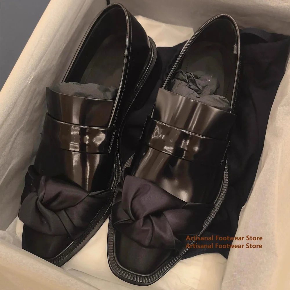 

Туфли-лоферы с квадратным носком из черной кожи с декоративной шелковой лентой, люксовые черные глянцевые туфли для вечерних и официальных мероприятий