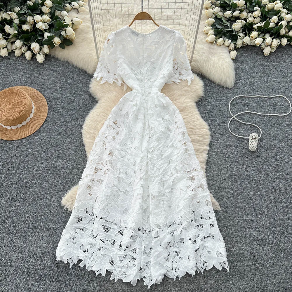 Chic Vintage Haken Blume hohl Kurzarm elegante Fee koreanische Mode Boho Kleid Frauen Kleidung Kleid