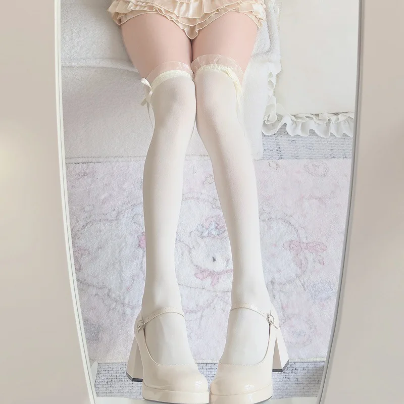 Weiße Spitzenstrümpfe mit Schleife für Damen, transparente Overknee-Socken, Lolita Cosplay, romantische Date-Overknee-Socken, lange Socken – Detail 6