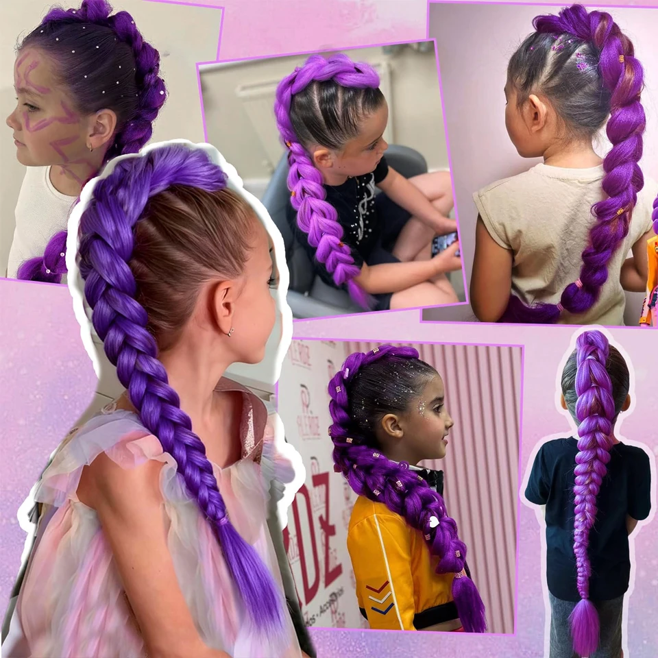 Rabo de cavalo de cabelo roxo trançado sintético, fantasia rumi, rabo de cavalo longo de 26 polegadas com clipes para crianças, meninas, dia das bruxas, natal
