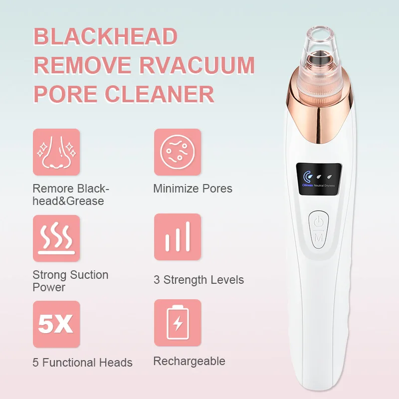 Facial Pore Cleaner 5 Suction Power Rechargeable Blackhead Vacuum Kit Electric Acne Extractor Tool For Women