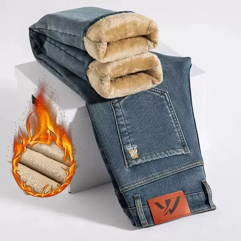2025 Winter New Men's Fleece Thickened Jeans Retro Blue Hot Straight Casual Pants Stretch Premium Velvet Warm Denim Pants
