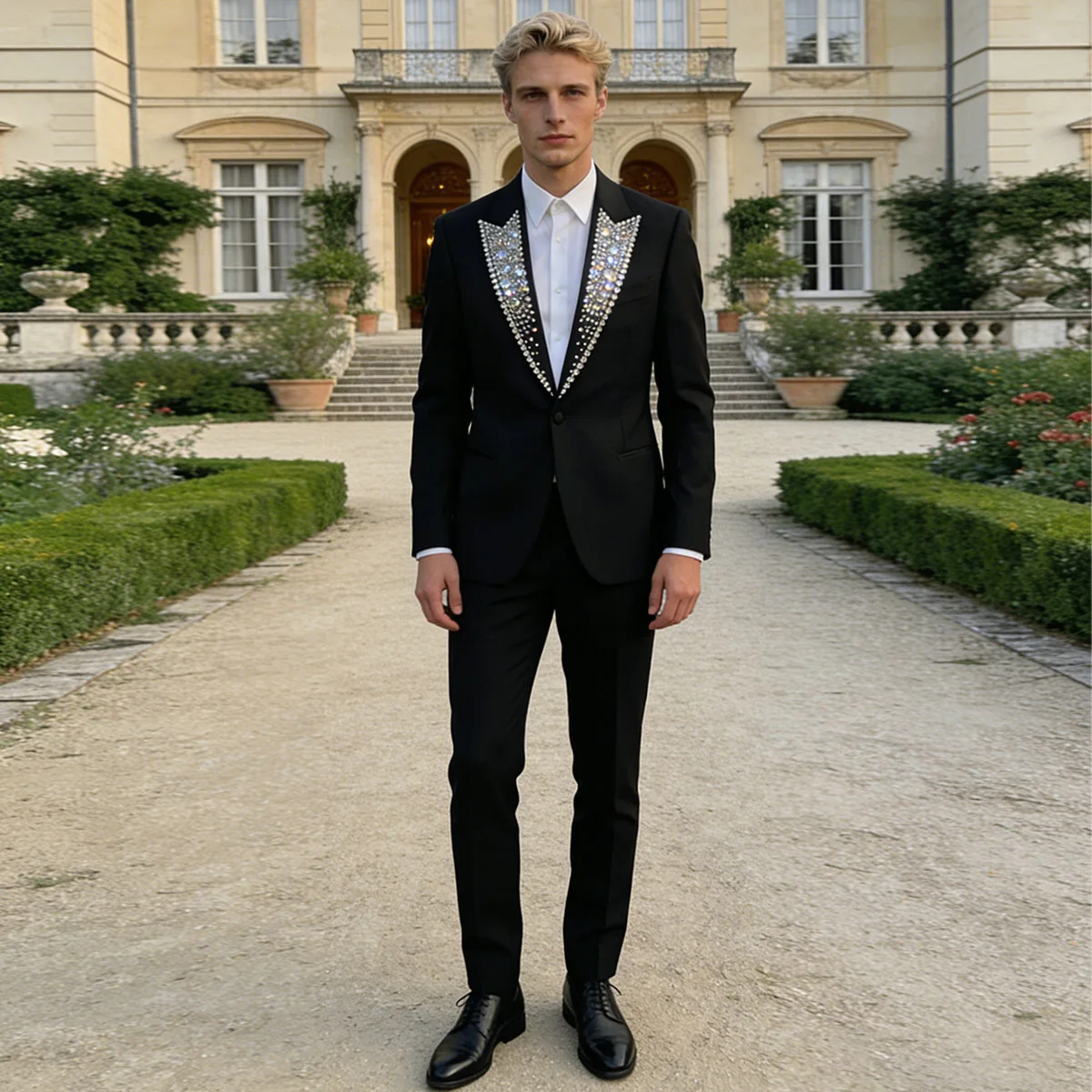 Customized Men Suits  Sparkly Jewelry Ornament Tuxedo Groom Party Male Prom Blazers Peaked Lapel 2 Pieces Set Party ropa hombre