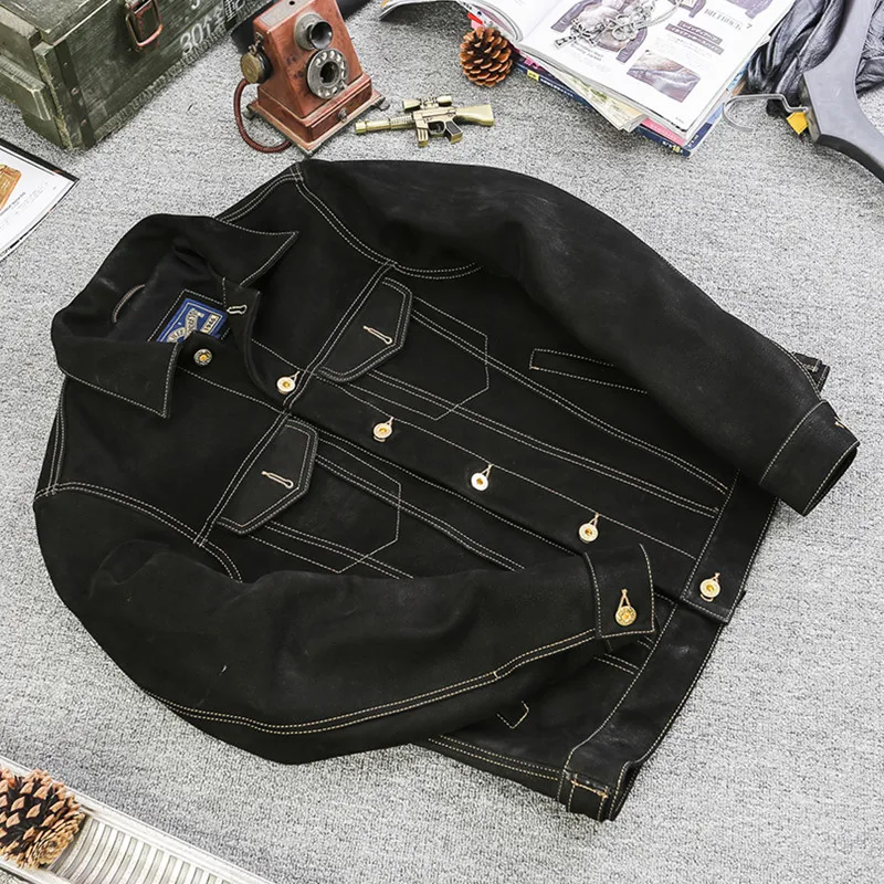 

Черная зимняя кожаная куртка мужская в повседневном стиле размера плюс 4XL из натуральной коровьей замши с отложным воротником однобортное джинсовое пальто