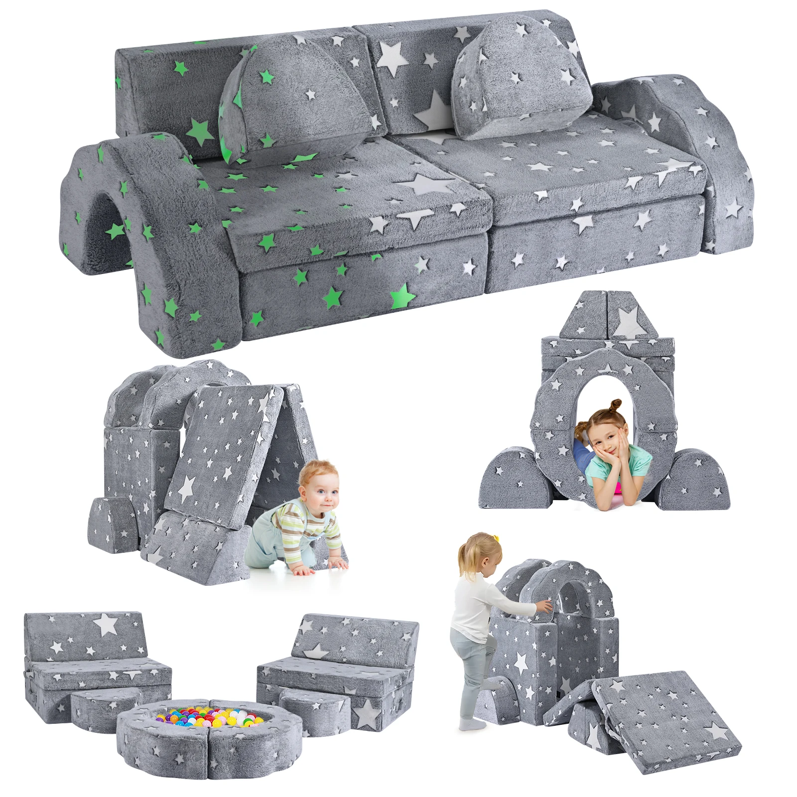 10 Stück Kinder-Sofabett, umwandelbar, für Kleinkinder, Sofa, Stuhl, Sofa-Liege, modular, ausziehbare Couch für Jungen und Mädchen, Schlafzimmer, Wohnzimmer