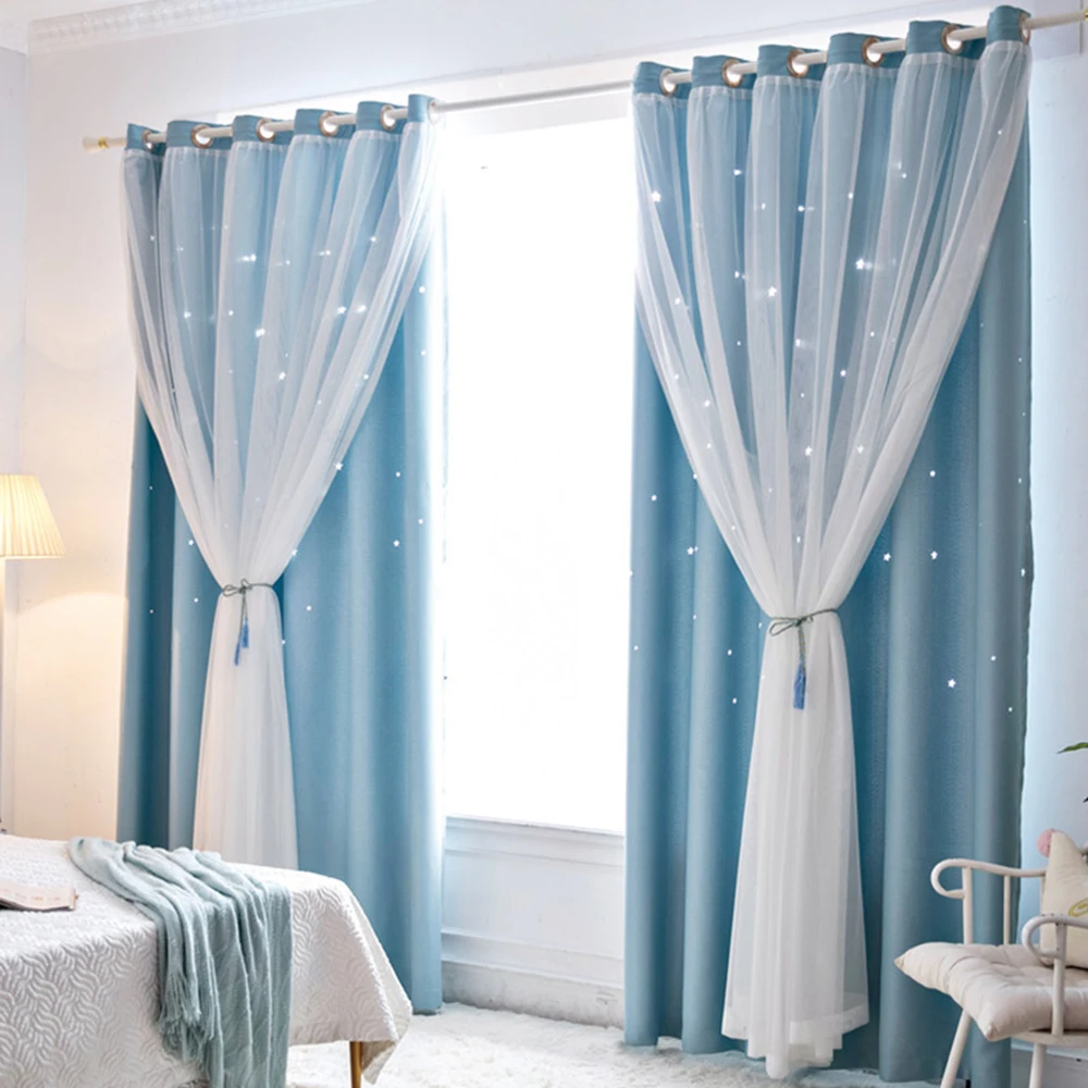 2Pcs Window Curtain Hollowed Out Stars Shading Curtain Drape Purdah for Home Living Room Bedroom