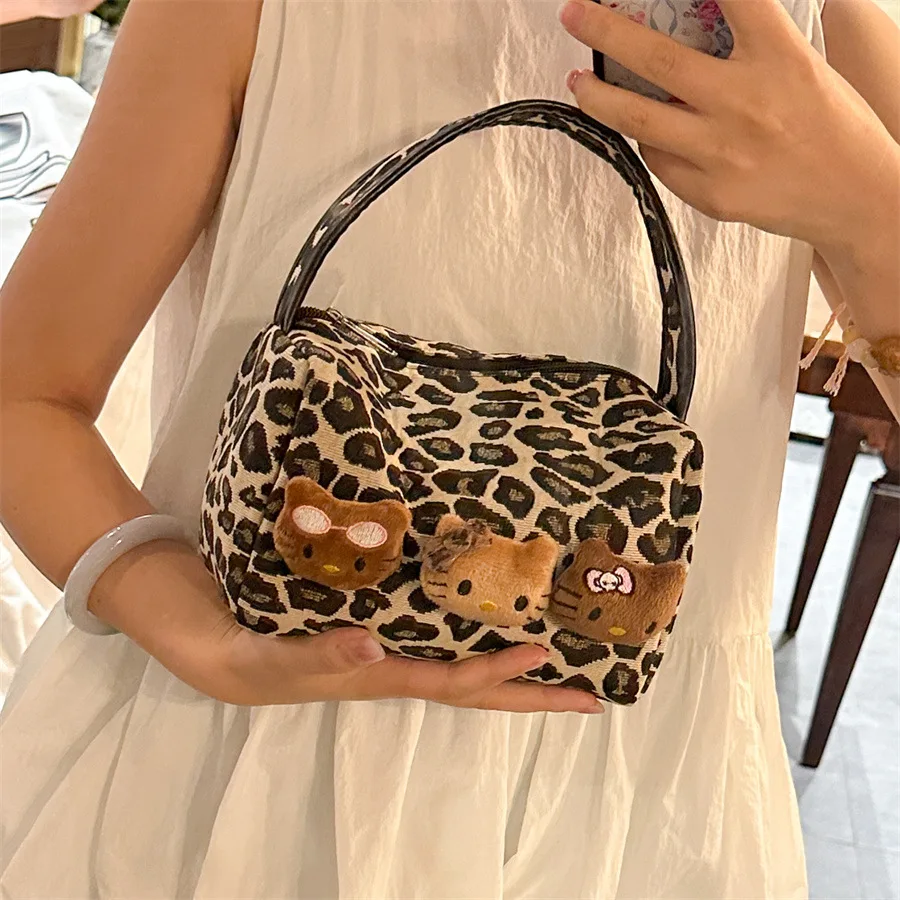 Sanrio Series Hello Kitty Peripheral Handbag Leopard Makeup Bag Cartoon Travel Portable Large Capacity Cosmetic Storage Bag Gift