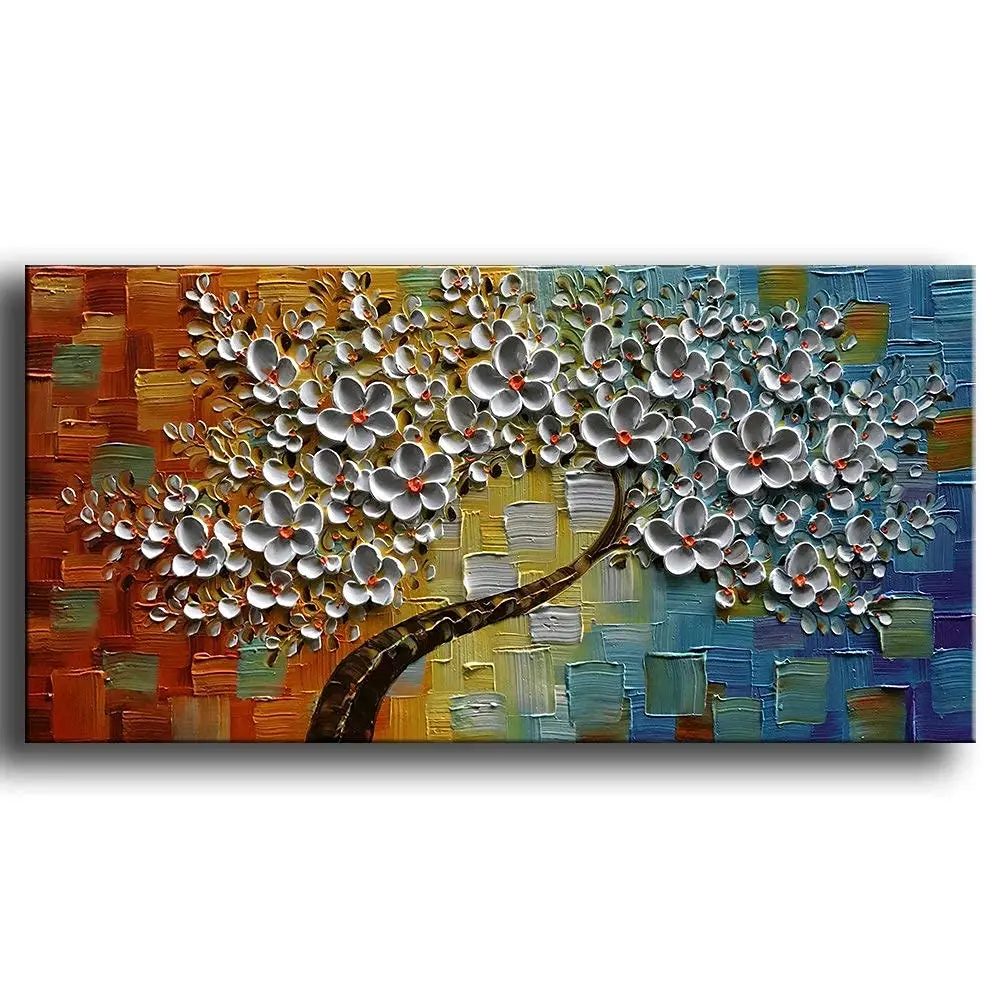 

-Hand Painted White Flowers Paintings Oil Painting On Canvas Abstract Texture Palette Knife Tree Paintings Modern Home Living