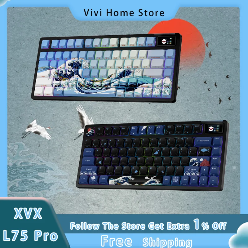 

XVX L75 Pro Ukiyo Theme Dwarf Axis Keyboard Three Mode Wired Wireless Bluetooth OLED Screen RGB Ultra thin Portable Keyboard