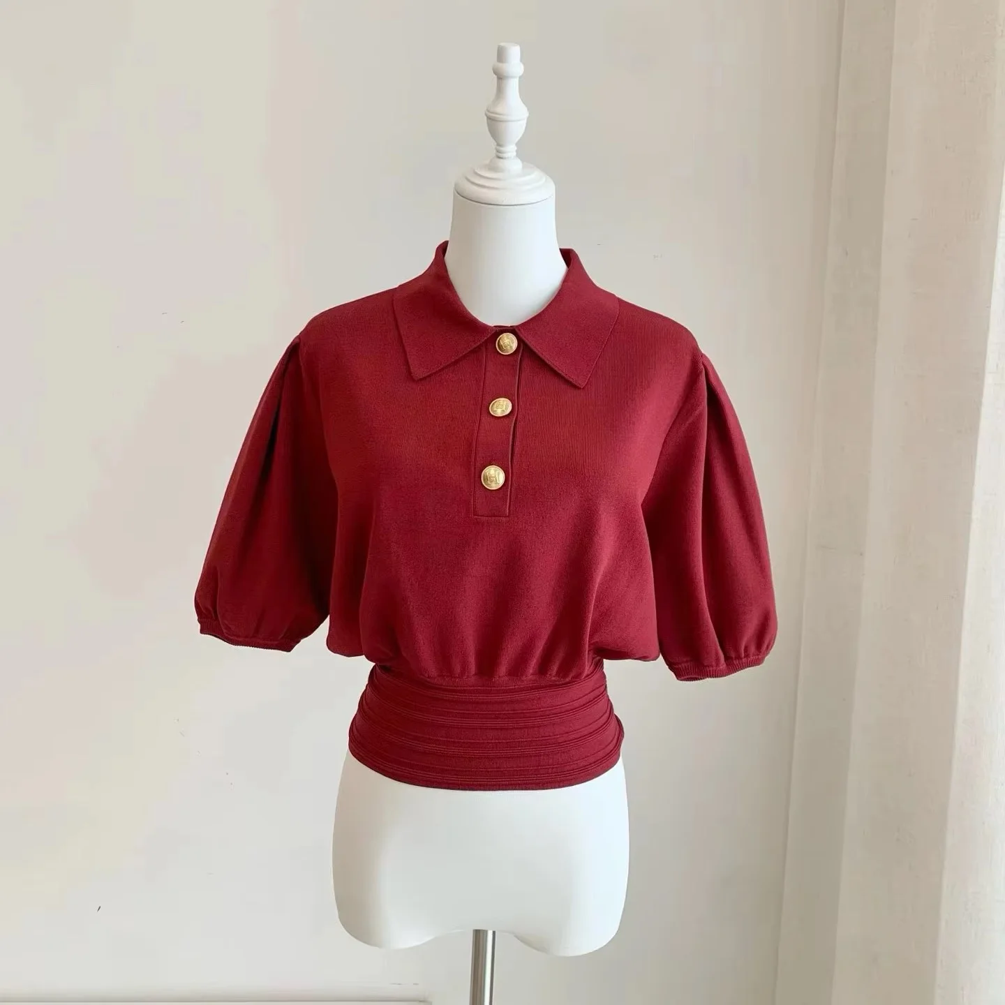 

Women Knitted top short sleeve turndown collar fashion casual knitwear