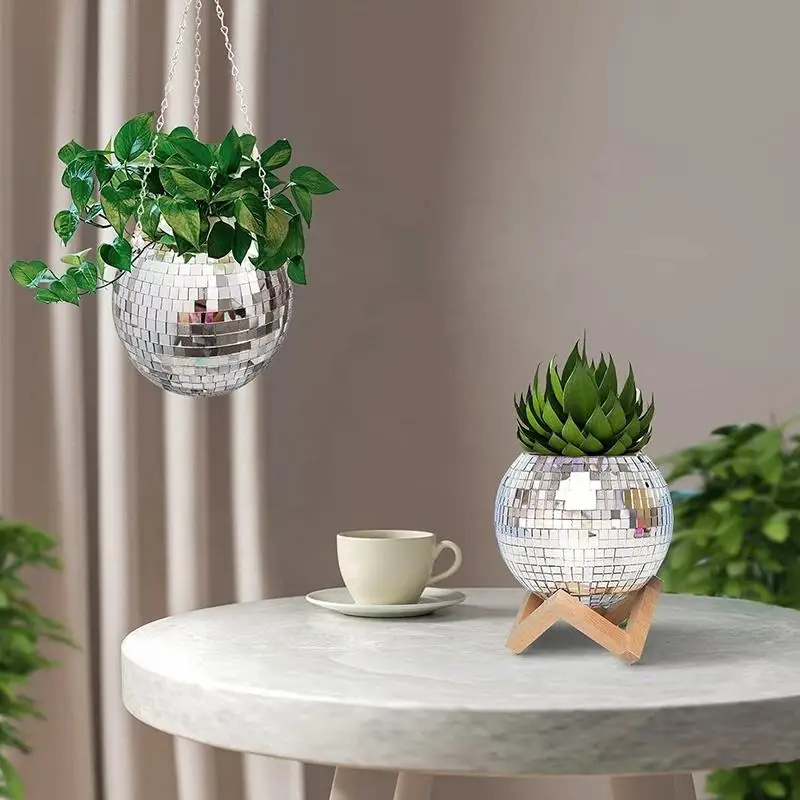 Disco Mirror Ball Hanging Flower Planter Basket Succulent Plant Pot Indoor Home Garden Wall Decor Vase With Wood Ring Chain