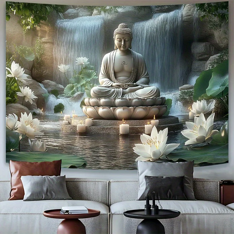 2D-Banner 1-teilig, Buddha-Meditationsleinwand, Wasserfall- und Lotusblume, Geburtstagsparty-Dekoration, Zen-Heimdekoration