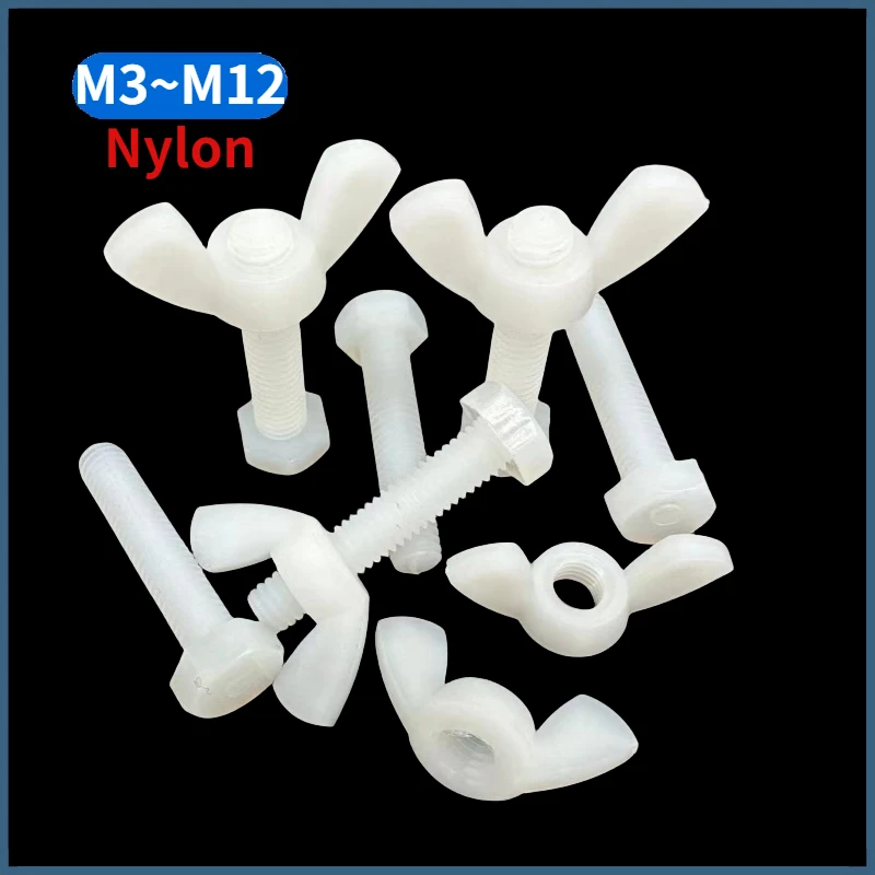 WHITE NYLON PLASTIC BOLT HEX HEAD FULLY THREADED SET SCREWS WITH WING BUTTERFLY NUTS M3 M4 M5 M6 M8 M10 M12