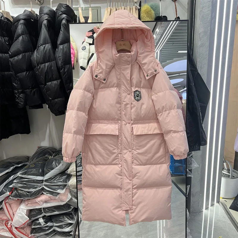 

2023 New Down Coat Women's Mid-length Hooded Loose Thicked Warm Coat Winter Casual Versatile White Duck Down Outerwear