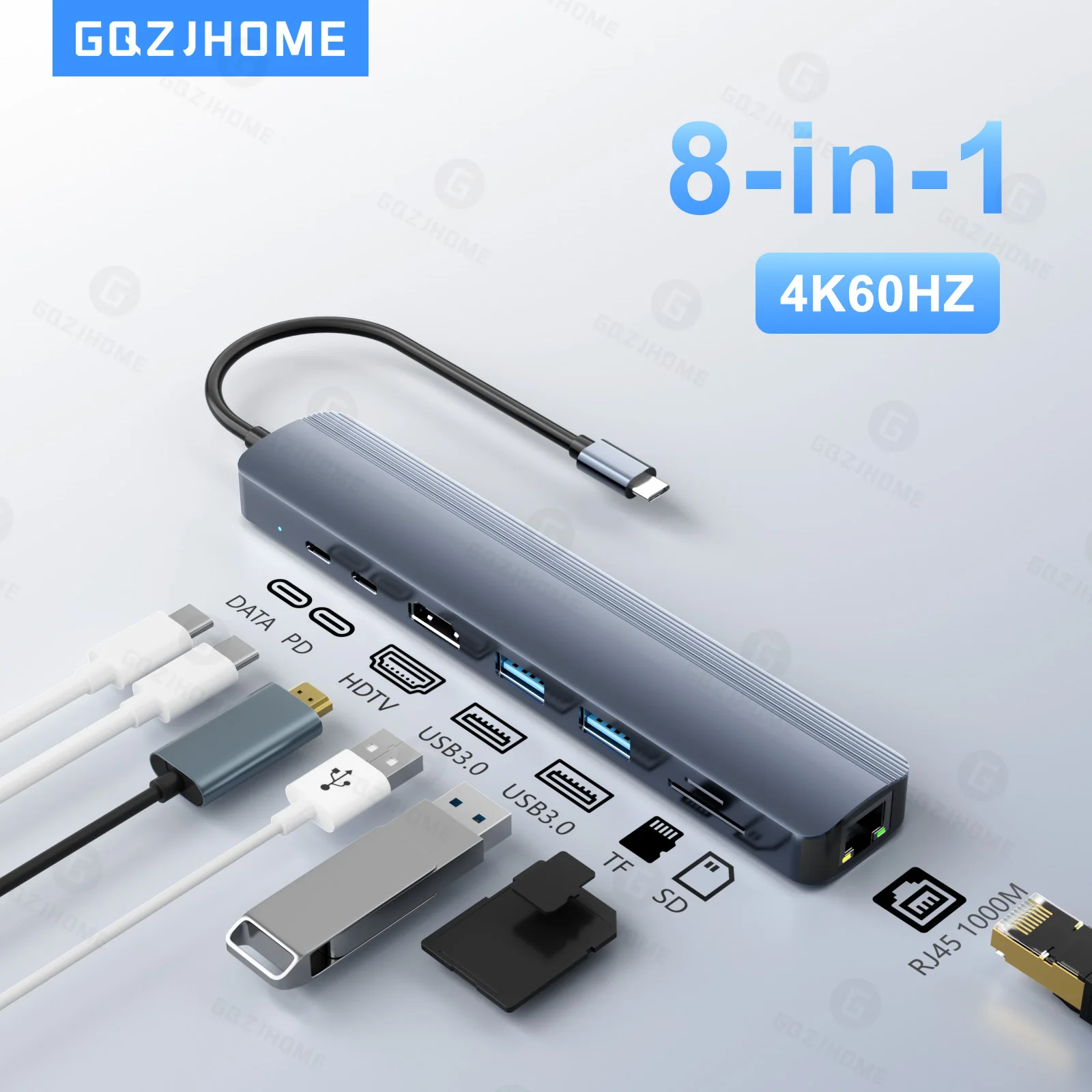 8-in-1 USB C Hub with 4K 60Hz HDTV 1Gbps Ethernet 100W Power Delivery SD/TF Card Slots USB 3.0*3 5Gpbs Data Ports for MacBook