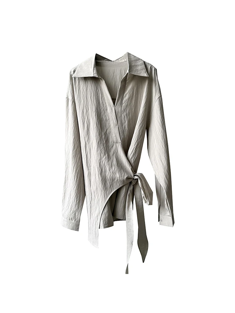 FANAN Camicie di design con vita arricciata irregolare per le donne Camicette a maniche lunghe con risvolto Solid Office Lady Top Fashion 2025 Autunno Nuovo