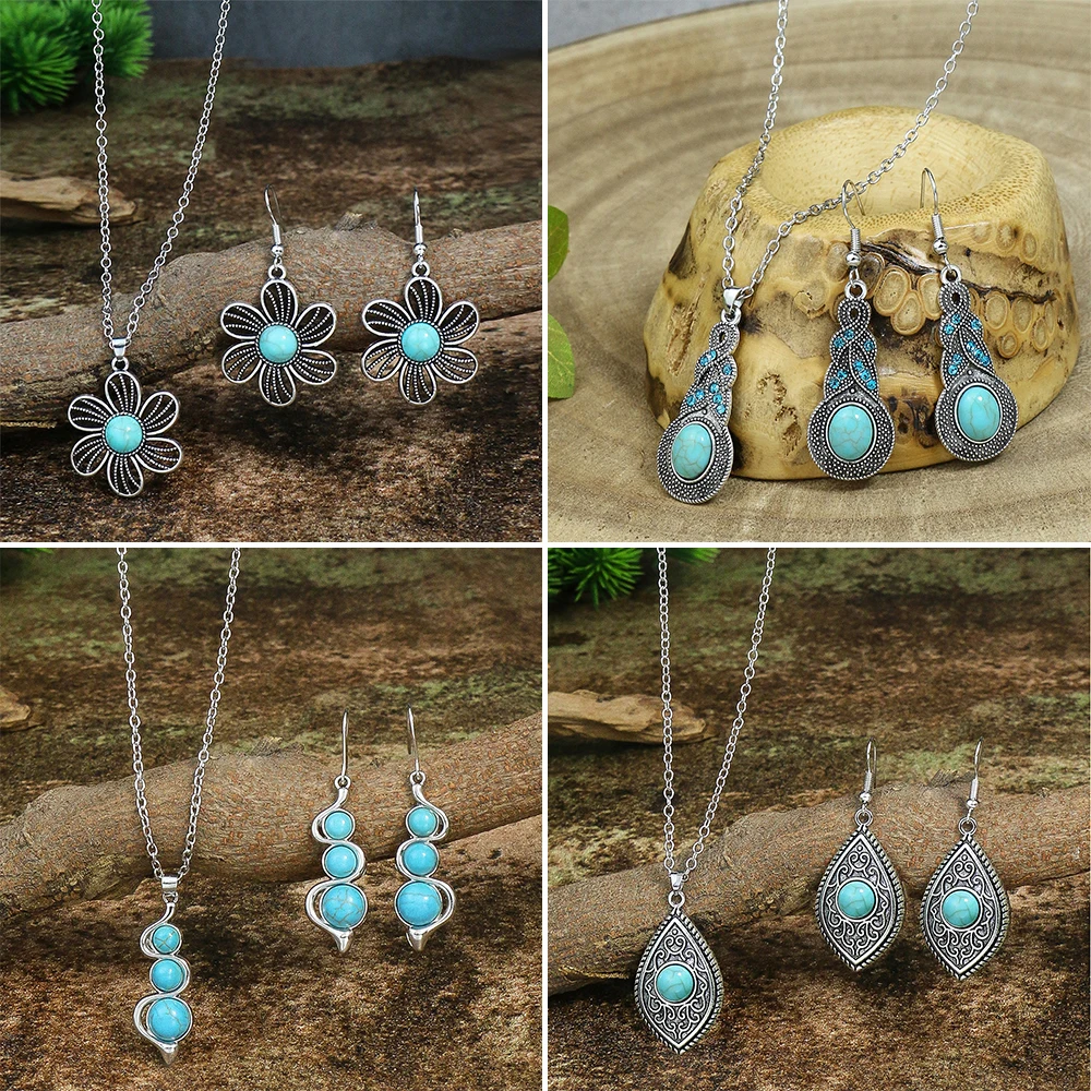 Vintage Boho Elegant Water Drop Flower Pendant Necklaces Earrings Set for Women Ethnic Blue Stone Geometric Jewelry Accessories