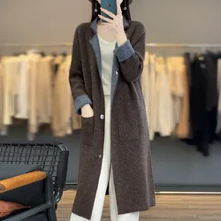 Cardigan da donna cappotto in pura lana 100, cappotto lungo lavorato a maglia di fascia alta, nuovo cappotto a maniche lunghe da donna, vendita calda in autunno e inverno