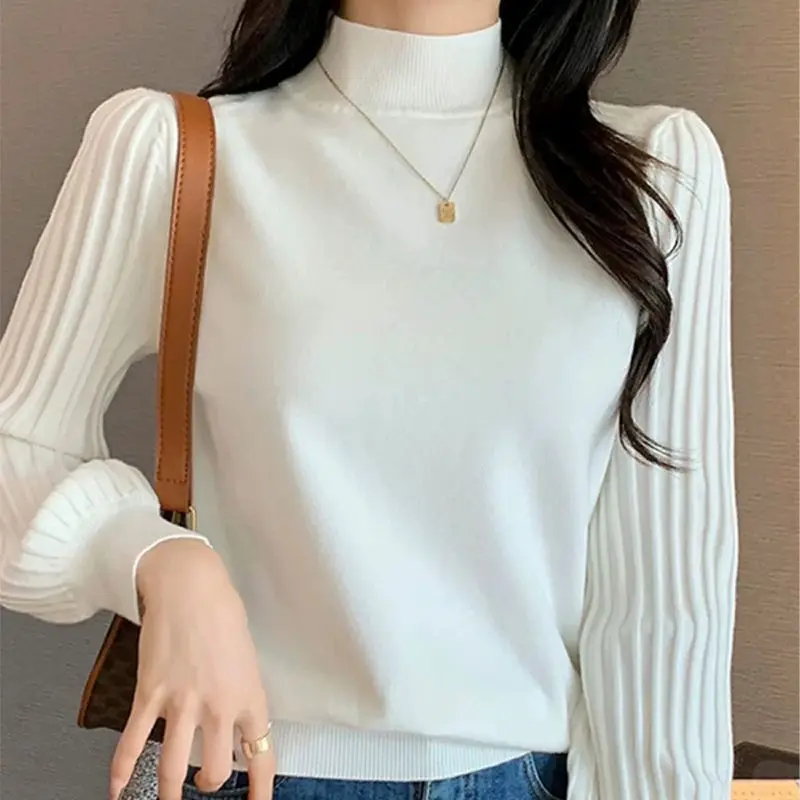Korean Fashion Trend Autumn Winner Sweaters Women\'s Mock Neck Solid Simplicity Office Lady Puff Sleeve Pullovers Knitted Tops