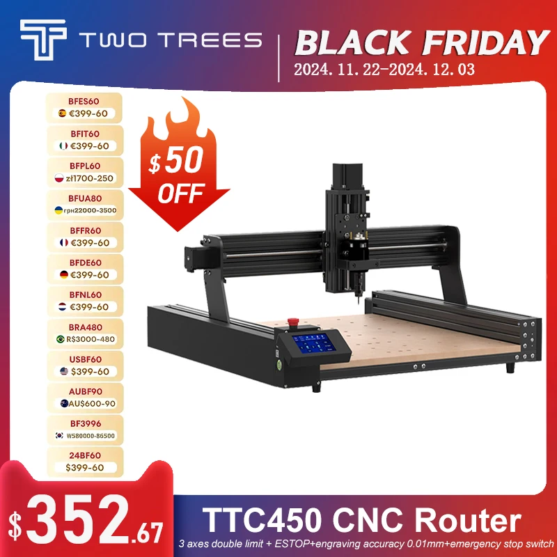 TwoTress TTC450 Router Milling Cutting Laser Engraver 500W Spindle Motor Kit Laser Engraving Machine DIY Wood working