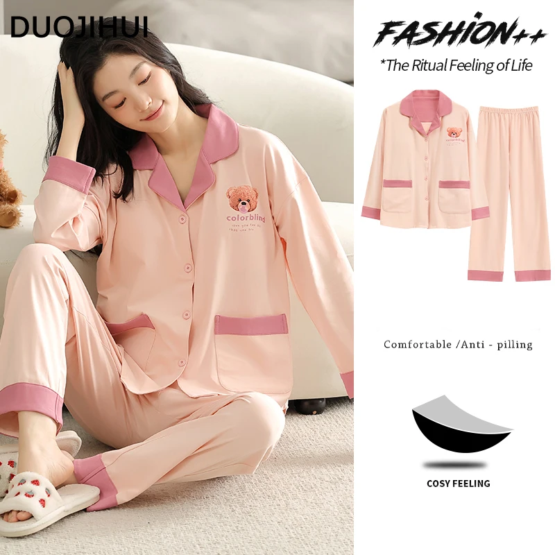 

DUOJIHUI Contrast Color with Chest Pad Casual Pajamas for Women Autumn New Button Cardigan Simple Pant Loose Female Pajamas Set