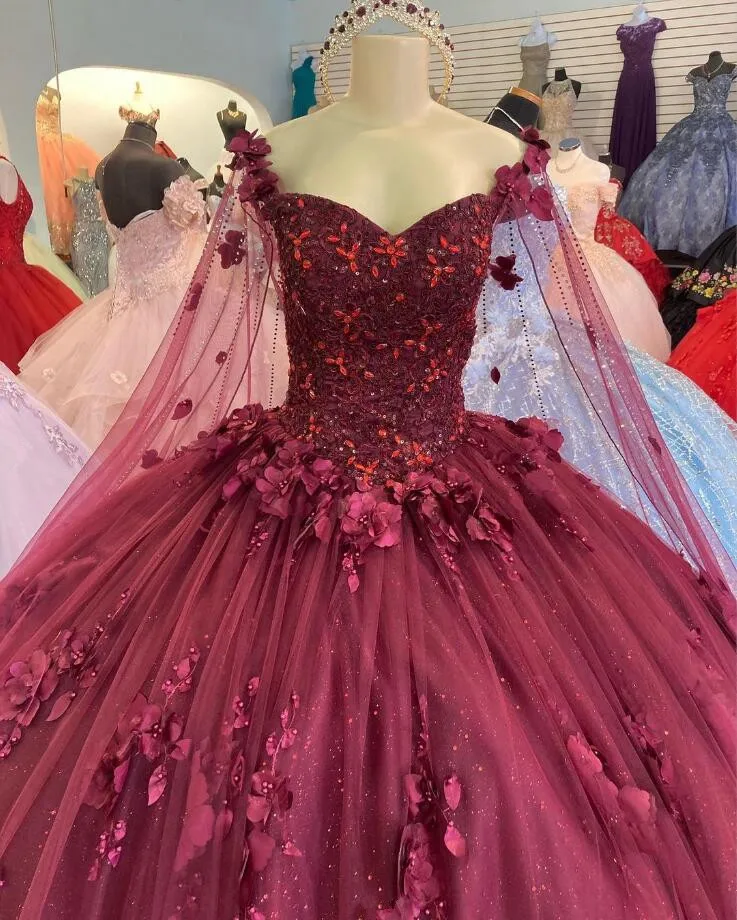 Burgundy Floral Princess Quinceanera Dress with Cape 3D Applique Beaded Corset Lace-up vestidos de 15 quinceañera Prom