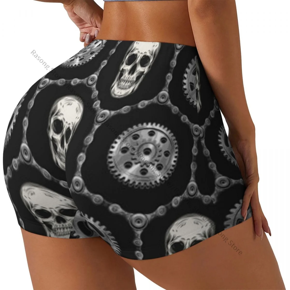 Women's Yoga Shorts Geometric Hexagonal With Skulls Bike Chains Scrunch Booty Butt Lifting Comfort Fitness Gym