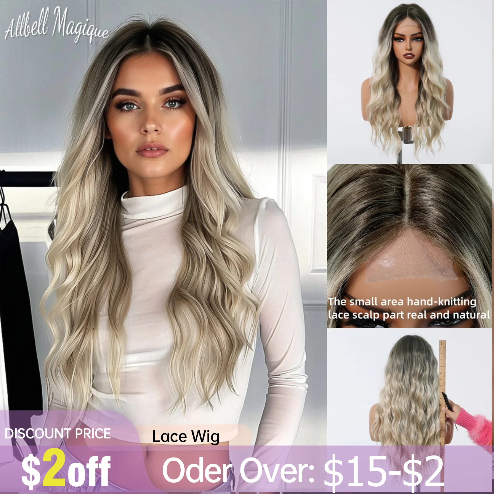 

Hairline Lace Frontal Wig Long Curly Dark Brown Blonde Hair Wig Natural Wavy Lace Frontal Synthetic Wig for Women Heat Resistant