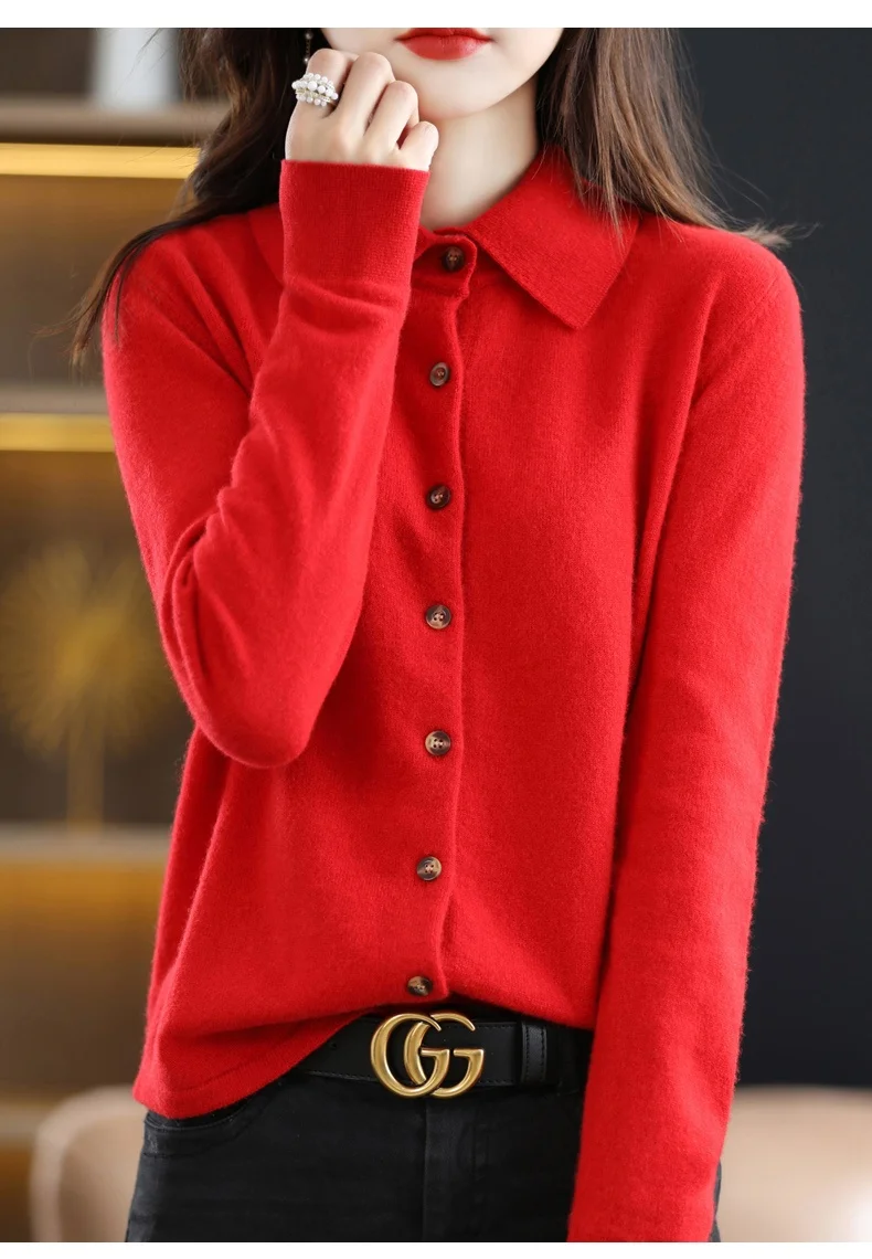 2024 Damen-Strickjacke mit POLO-Kragen, Basic, vielseitig, oben aus gesponnener Wolle, eleganter einreihiger Pullover DMR 430 – Detail 20