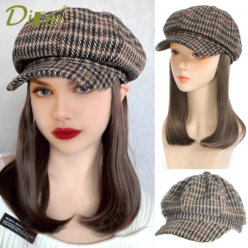 DIFEI Wig Hat One Female Synthetic Wig Autumn Winter Style Retro Exquisite Houndstooth Octagonal Hat Buckle Straight Hair Wig