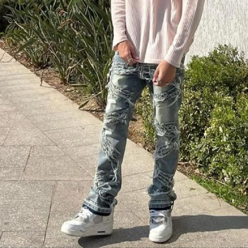 Retro Style Men Biker Jeans Trousers Stylish High Street Loose Male Stacked Spliced Straight Denim Pants