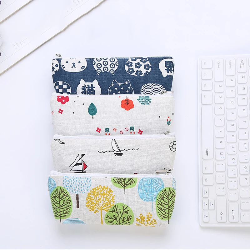Cute Canvas Zipper Pencil Bags Lovely Fabric Flower Tree Random Pattern Pen Bags School Supplies Pencils Pouch Stationery