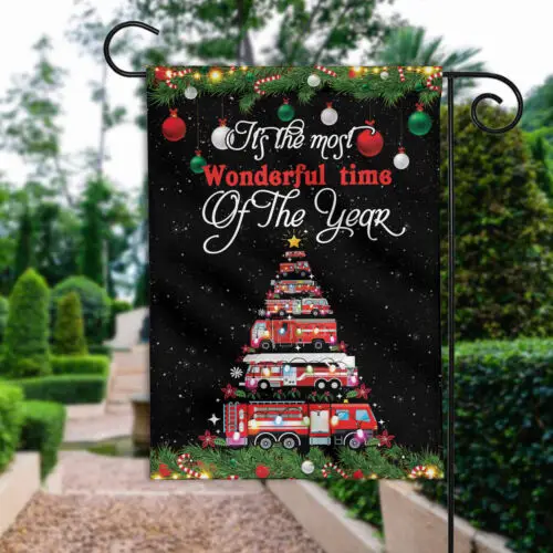 Firefighter Fire Truck Christmas Tree garden Flag, Merry Christmas flag