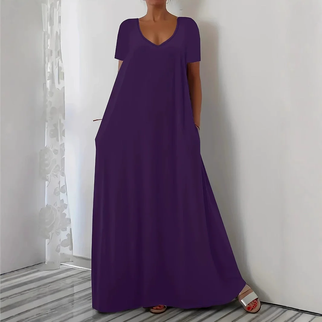 Sommerliches neues einfarbiges Kleid mit V-Ausschnitt, lockeres Kleid mit kurzen Ärmeln und langem Rock im lässigen, vielseitigen Stil – Detail 2