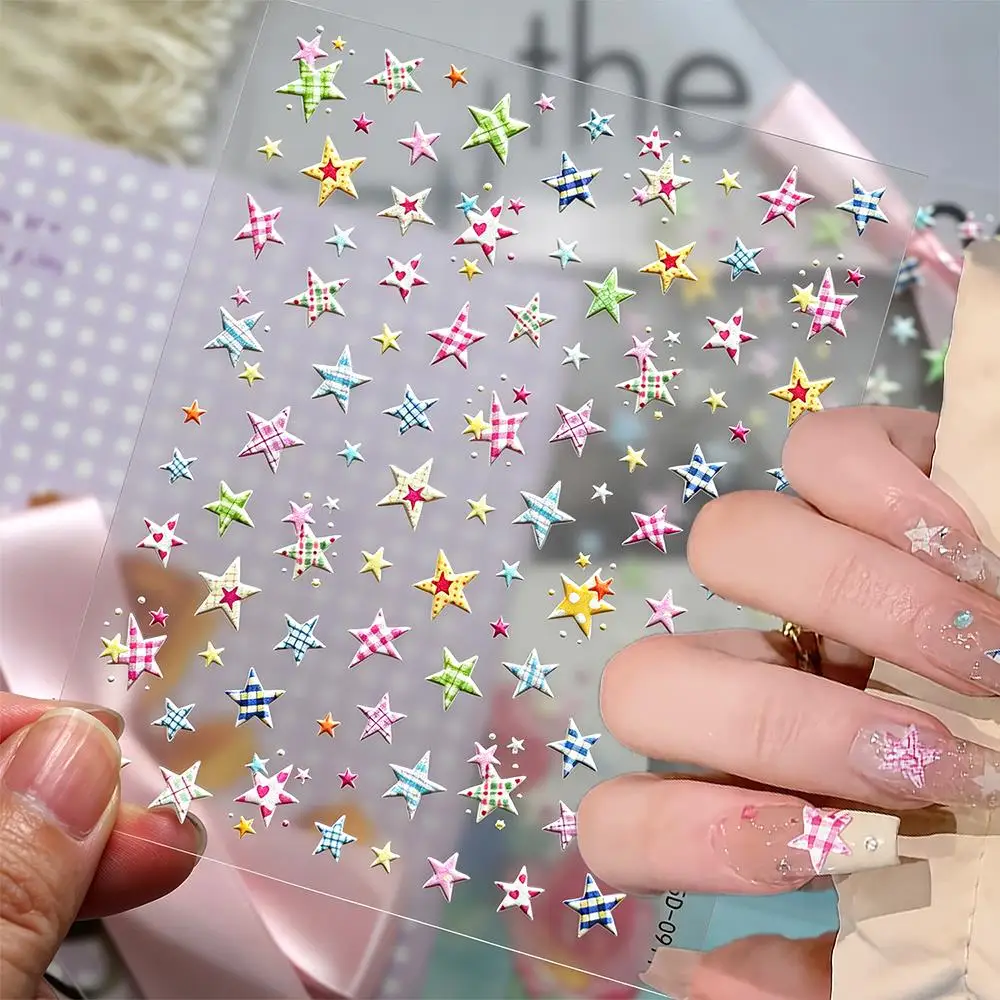 1Pcs 5D Colorful Y2K Plaid Star Nail Stickers Checkered Pentagram Self Adhesive Nails Decals Sweet Cool Girl Manicure Decoration