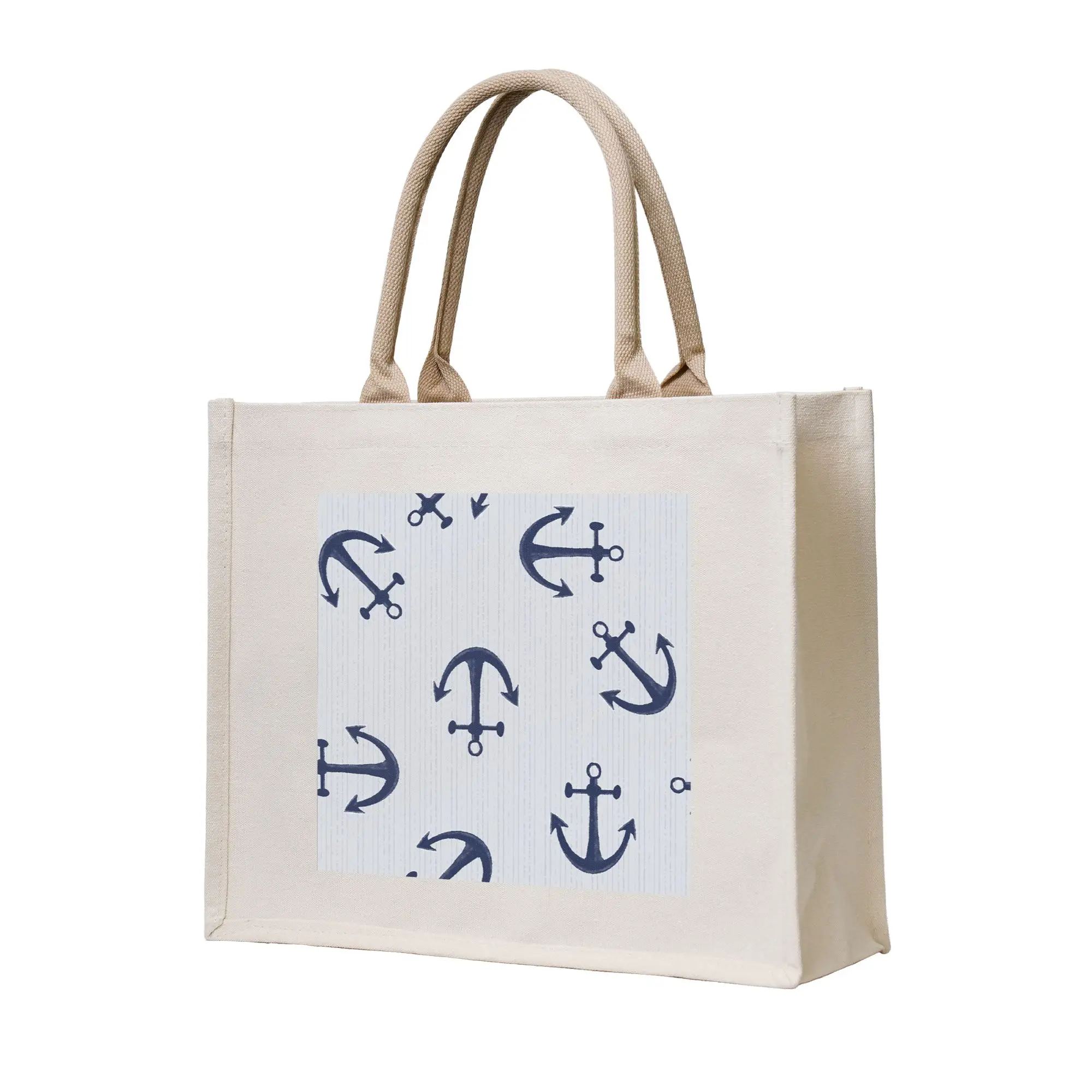 

Сумка-тоут из холщовой ткани с морским узором в виде синих якорей на светло-сером фоне, женская сумка через плечо, дорожная сумка.