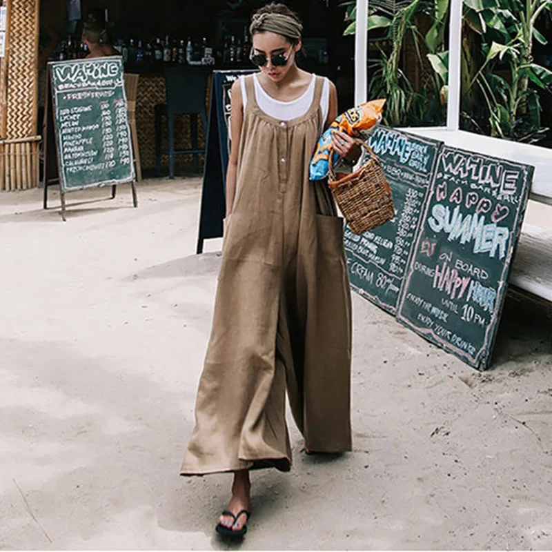 

Johnature New 2024 Cotton Linen Korean Casual Large Size Loose Sleeveless Long Jumpsuits Summer Women Clothes Joker Playsuits