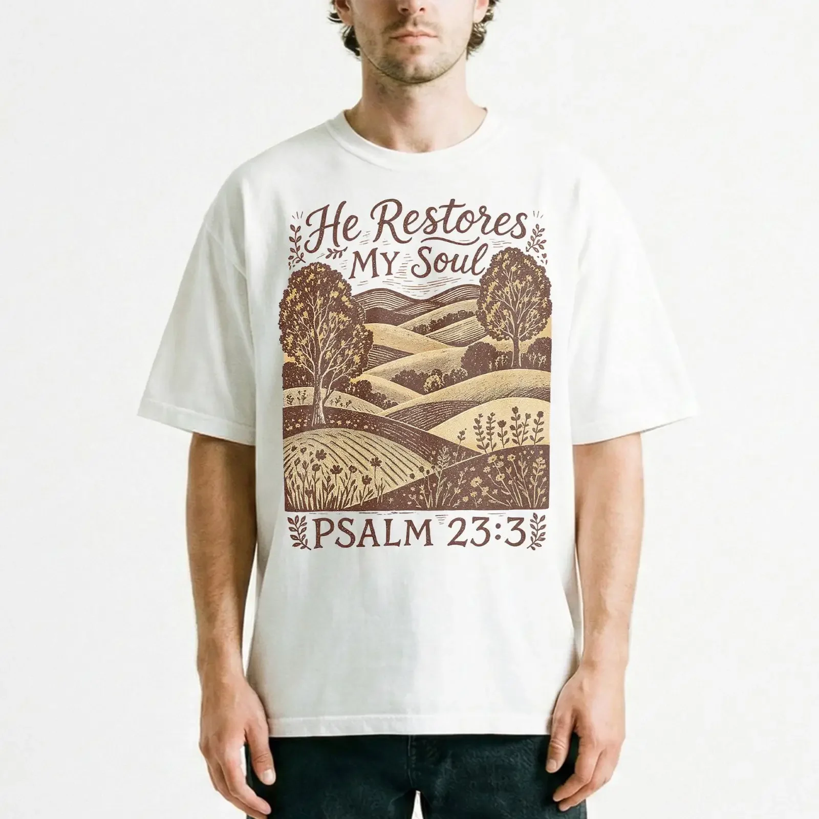 He Restores My Soul Psalm Hills Trees Christian Faith Scenic T Shirt Nature vintage Washed Soft Breathable