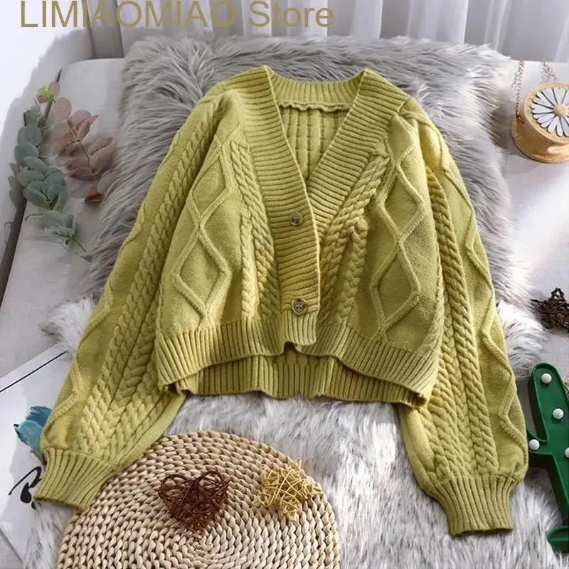 

New Lantern Sleeve Single-breasted Solid Basic Soft Knitted Women's Cardigan Pocket Loose Thick Warm Female Short Jacket Coat