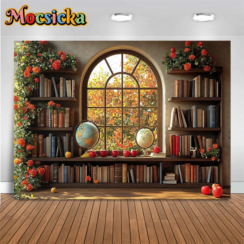 Mocsicka книжная полка фон для фотосъемки осень яблоко детский душ день рождения фон окно цветы листья Декор баннер