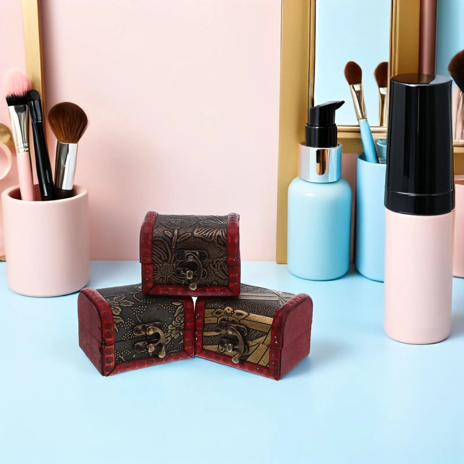 3Pcs Vintage Wooden Jewelry Chest Retro Storage Lid Organizer Treasure Case Trinket Holder for Desktop Decor