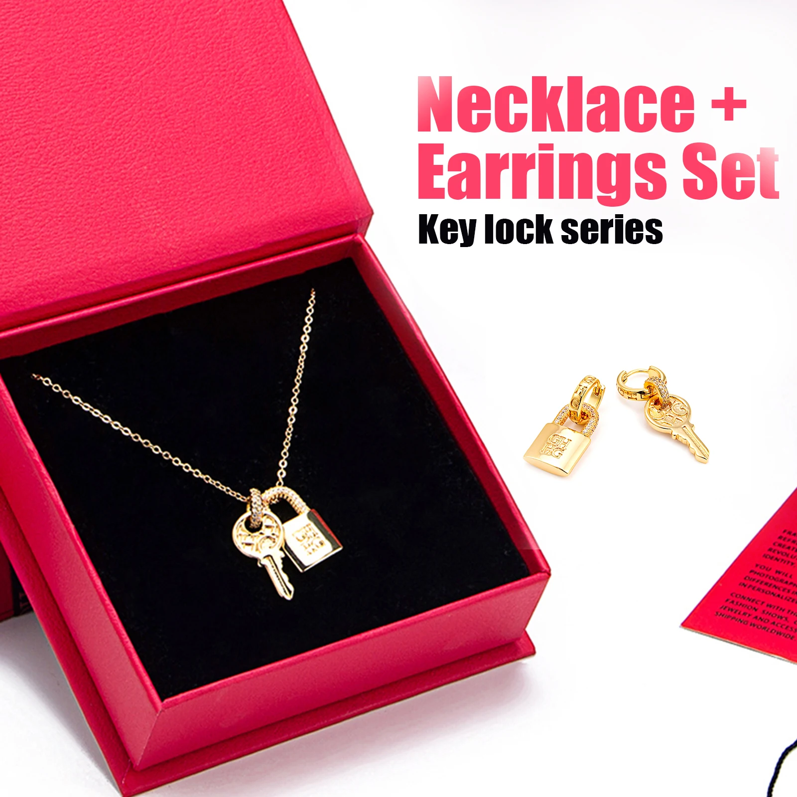 CHic Key and Lock Jewelry Set for Women Asymmetric Earrings Necklace Brass Zircon Romantic Couple Gift Party