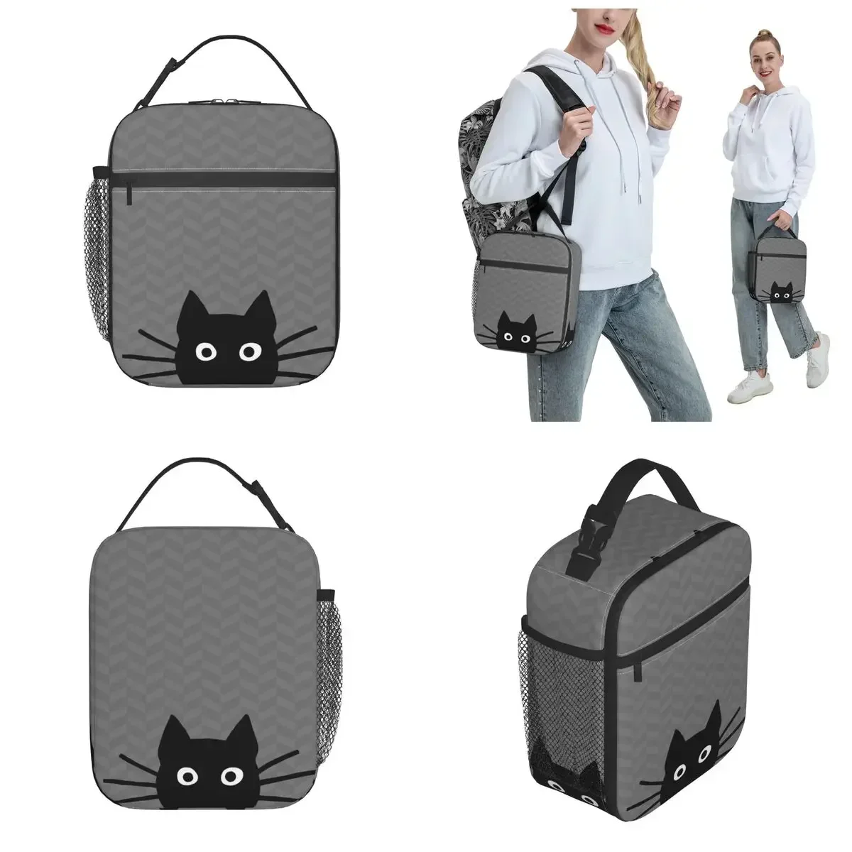 Black Cat Face Thermal Insulated Lunch Bag for School Reusable Bento Box Cooler Thermal Lunch Box